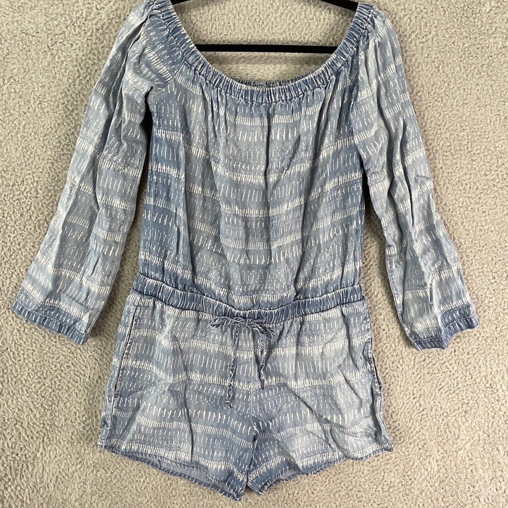Cloth & Stone Romper Womens Small Blue Dash Print Off Shoulder Long Sleeve Boho